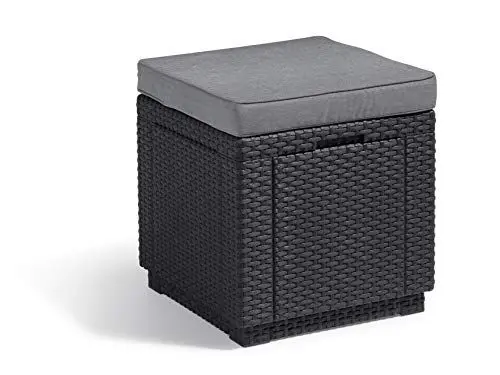 Produktbild: Allibert by Keter Cube Hocker mit Stauraum, grau, inkl. Kissen, Deckel abnehmbar, flache Rattanoptik, wetterfest, 42x42x39cm