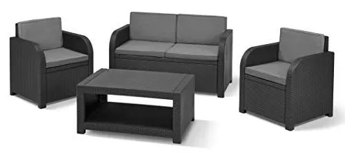 Produktbild: Allibert by Keter Modena Gartenmöbel Set aus Kunststoff, inkl. Sitzkissen, grau, 4-teilig, 2 Sessel, Sofa & Tisch, für Garten, Balkon & Terrasse, Flache Rattanoptik