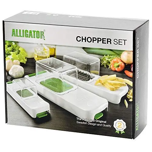 Produktbild: ALLIGATOR 3002 - 3-in-1- Multifunktionsschneider - Gemüses- Zwiebel- und Pommesschneider - 3 Austauschbare Klingen- 3x3 mm 6x6 mm 12x12 mm - BPA-frei - Weiß und Grün