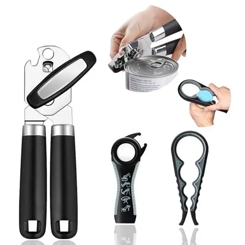 Produktbild: ALLJOY Dosenöffner Manuell 3 Kits, mit Deckelöffner & Flaschenöffner für Senioren, Hergestellt aus 410 Edelstahl, öffnet Dosen ohne scharfe Kanten, Drehverschlussöffner Hilfe Schwache Hände Arthrit