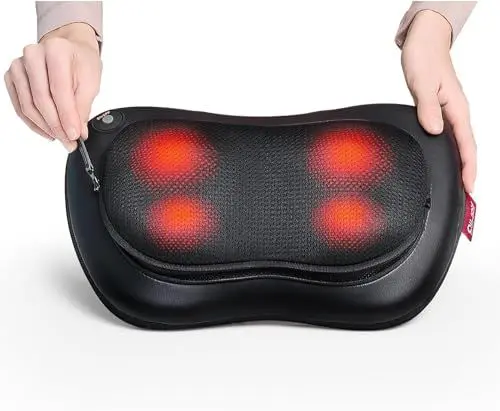 Produktbild: ALLJOY Massagekissen mit Wärmefunktion, Shiatsu Massagegerät für Nacken Schulter Rücken, Rückenmassagegerät mit 3D Rotierenden Massageköpfen, PU-Leder, Geschenk für Männer, Frauen