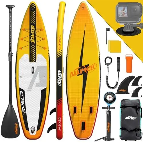 Produktbild: ALLPICK Premium SUP Board Set, Stand Up Paddling Board Aufblasbar, Mit Universal Kamerahalterung, Komplettes Zubehör, Verstellbares Paddel, Anfänger, Fortgeschrittene, 180kg (Speed-Gelber Blitz)