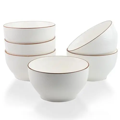Produktbild: ALLUSEIT Müslischalen Porzellan, 6 Teilige 900ml Weiß Gittermuster Suppenschüssel Salatschüssel, Keramik Schalen & Schüsseln Set Tief für Ramen Dessert Reis Snack usw. Φ14.7cm