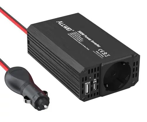 Produktbild: ALLWEI 300W Spannungswandler 12V 230V Wechselrichter mit USB-C PD27W-Typ-C & USB Anschluss - für Auto, Wohnwagen, Camping, Laden von Handys, Laptops und Anderen Geräten (Schwarz)