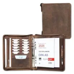 Produktbild: ALMADIH Leder A5 Organizer Reißverschluss + Kalender 2025 Schreibblock BV Premium Rindsleder Ledermappe Terminplaner Mappe Systemplaner Konferenzmappe Ringmechanik braun (A5 Organizer Vintage)