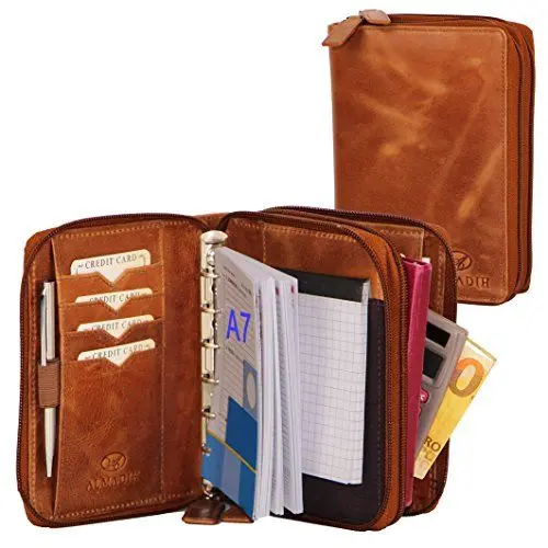 Produktbild: ALMADIH Leder A7 Kombimappe 2 Fächer mit Reißverschluss + Kalender 2025 Premium Rindsleder Braun Deluxe in Geschenkbox Ledermappe Mappe Schreibmappe Terminplaner Terminkalender Ringbuchmappe BD