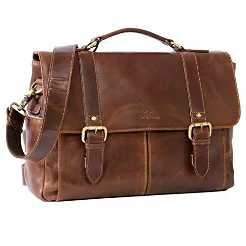 Produktbild: ALMADIH Leder Aktentasche CLAYTON BD Rindsleder gepolsterte Laptoptasche viele Fächer Ledertasche Umhängetasche Schultertasche Businesstasche Herren Tasche mit Kofferschlaufe braun (Clayton Deluxe)