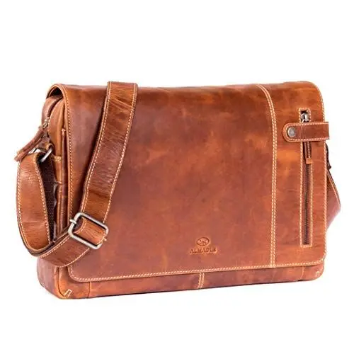 Produktbild: ALMADIH Leder Umhängetasche DYLAN Premium Rindsleder - Ledertasche mit Laptop Fach 15 Zoll Aktentasche Messenger Unitasche Schultertasche Freizeittasche Tragetasche braun (DYLAN deluxe)