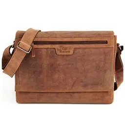 Produktbild: ALMADIH Leder Umhängetasche Herren 14 Zoll Laptoptasche MIO braun, viele Fächer für schmale A4 Ordner Ledertasche Aktentasche Messenger Unitasche Schultertasche Damen braun (MIO vintage)