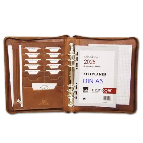 Produktbild: ALMADIH Ledermappe A5 Leder Organizer Kalender 2025 mit Ringmechanik Reißverschluss - Leder Mappe Terminplaner Terminkalender Premium Rindsleder braun deluxe OS Ledermappe (A5 Org S bd)