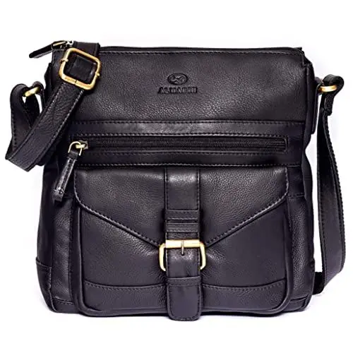 Produktbild: ALMADIH Premium Leder Damentasche Umhängetasche ABBY SCH - praktische Ledertasche Handtasche Schultertasche Businesstasche Freizeittasche Citytasche Tragetasche Tasche (ABBY schwarz)