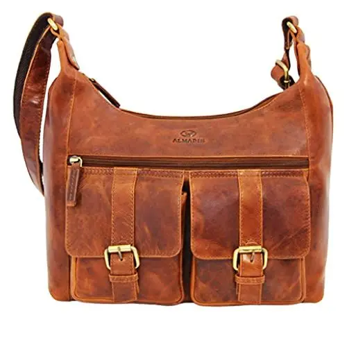 Produktbild: ALMADIH Geräumige echt Ledertasche Damen Umhängetasche LARA bd - große Handtasche mit viele Fächer - Leder Schultertasche für Frauen Henkeltasche Businesstasche Shopper braun (LARA deluxe)