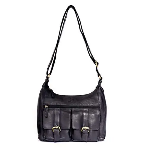 Produktbild: ALMADIH Premium Leder Damentasche Umhängetasche LARA SCH - Ledertasche Handtasche Schultertasche Henkeltasche Businesstasche Shopper Freizeittasche Hobo Tragetasche große Tasche (LARA schwarz)