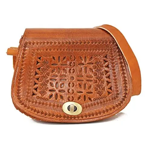 Produktbild: ALMADIH kleine Leder Damentasche Umhängetasche AMIRA Naturleder traditionelle Handarbeit Ledertasche Handtasche Schultertasche Freizeittasche Abendtasche Cross Body kompakte Tasche braun (AMIRA camel)