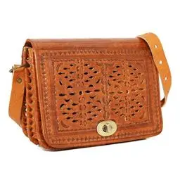 Produktbild: ALMADIH kleine Leder Damentasche Umhängetasche DALIA Handarbeit Ledertasche Handtasche Schultertasche Freizeittasche Abendtasche Cross Body kompakte Tasche Naturleder braun Vintage (DALIA camel)