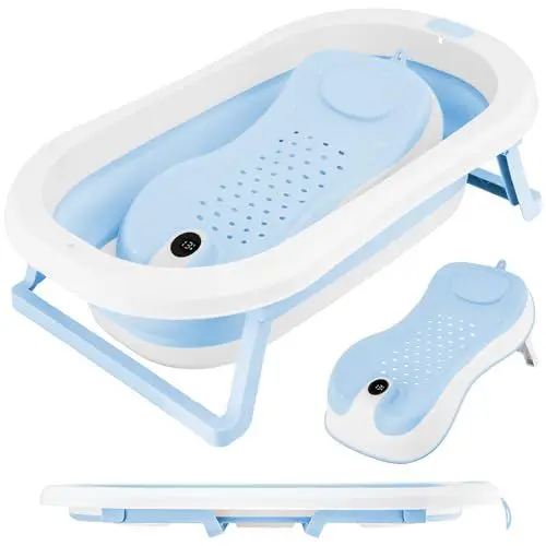Produktbild: ALMAR Baby Faltbare Baby-Badewanne bis 24 Monate, blau, mit Thermometer im Sitzverkleinerer für Neugeborene, mit rutschfesten Füßen, kompakte Temperaturanzeige