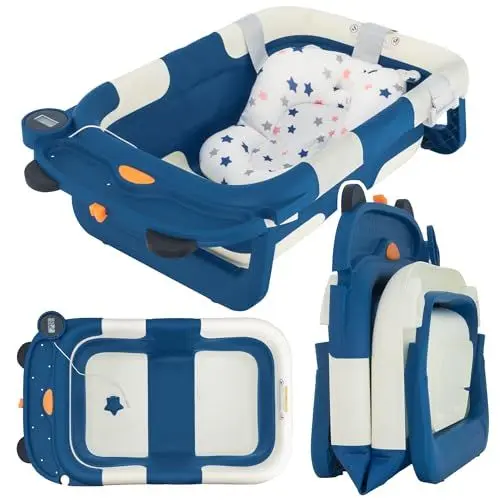 Produktbild: ALMAR Baby Faltbare Baby-Badewanne bis 12 Monate, Marineblau, mit Thermometer, Reduzierkissen für Neugeborene, mit rutschfesten Füßen, sehr kompakte Temperaturanzeige