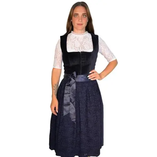 Produktbild: Almsach Damen Trachten-Mode Midi Dirndl Samt Lonie in Blau traditionell, Größe:46, Farbe:Dunkelblau