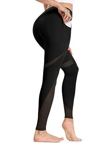 Produktbild: ALONG FIT Damen Sport Leggings mit Netzeinsatz Einsatz Mesh Blickdichte Sporthose mit Tasche Hohe Taille Lange Laufhose Jogginghose Yoga Fitness Training