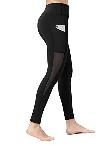 Produktbild: ALONG FIT Leggings Damen mit Taschen, Nicht durchsichtig Sporthose Damen Dehnbar Yogahosen für Damen, Mesh-schwarz, L