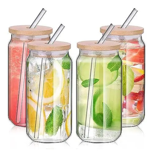 Produktbild: alouweekuky 4 Stück Cocktailgläser, 500ml Glas mit Deckel und Strohhalm, Kaffeetasse, Trinkgläser in Dosenform, Iced Coffee Glas
