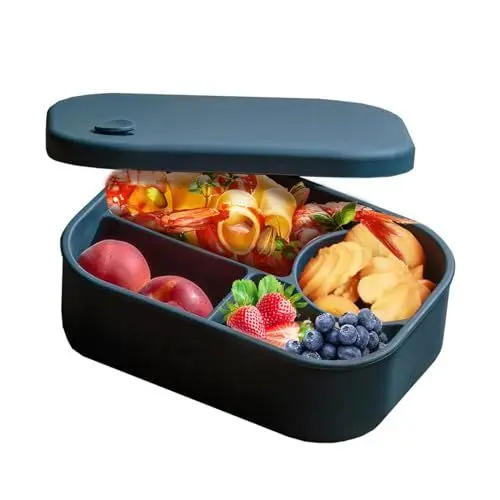 Produktbild: alouweekuky Silikon Lunchbox Für Kinder und Erwachsene, Brotdose mit Vier Fächern, Auslaufsichere Brotzeitbox Lunch Box und BPA-Frei Für Schulen, Picknick und Parks(Blau)