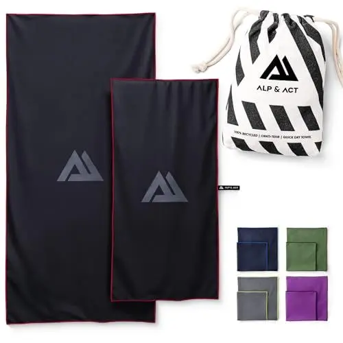 Produktbild: ALP & ACT Mikrofaser Handtuch 2er Set - 100% Recycelt - EXTRA KOMPAKT & leicht - 150x70 cm + 100x50 cm - Reisehandtuch, großes Strandtuch, Sporthandtuch - Microfaser Handtücher inkl. Beutel - schwarz