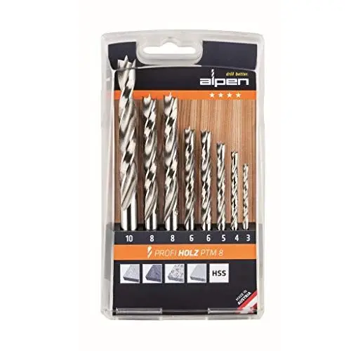 Produktbild: ALPEN Spiralbohrer PROFI Holz 8-teilig (ø 3-10 mm, Holzspiralbohrer, Set in der Kunststoffkassette, für Weich- und Hartholz) 600093100