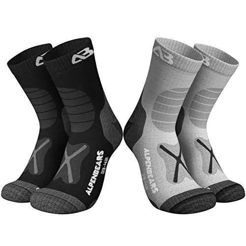 Produktbild: Alpen Bears Herren Premium Wandersocken aus Merinowolle Socken, Grau-Schwarz-2 Paar, 39-42
