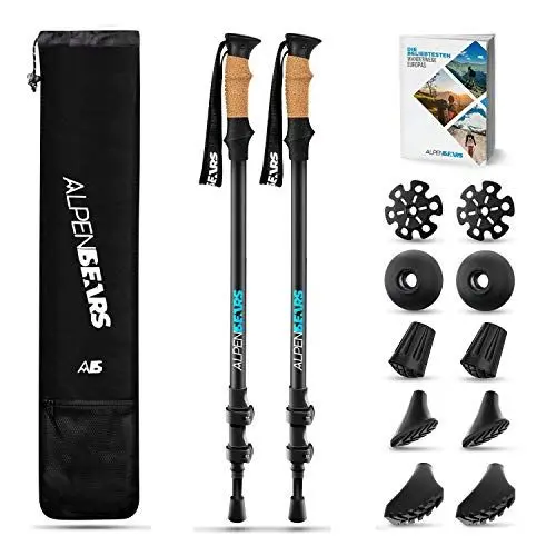 Produktbild: Alpen Bears Nordic Walking Stöcke Damen - Extra leicht mit ergonomischen Echt Kork Griff - Walking stöcke verstellbar mit Gummipuffer Set - Teleskop Wanderstöcke für Damen & Herren