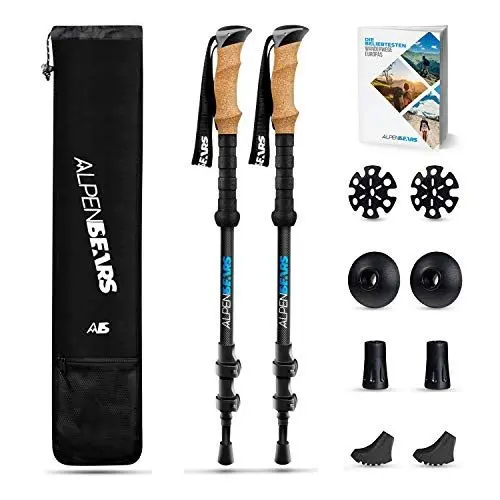 Produktbild: Alpen Bears Wanderstöcke Carbon - Extra leicht & mit Echt Kork Griff - Teleskop Wanderstock mit Gummipuffer Set - Besonders Langlebig - Trekkingstöcke perfekt als Nordic Walking Stöcke Damen Herren