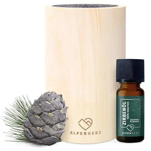 Produktbild: Alpen Herz Diffuser Set mit Zirbenöl 10 ml - Naturrein aus Österreich - Zirbenholz Würfel mit Filz Duftspender Schönes Zirbelkiefer Set als Deko