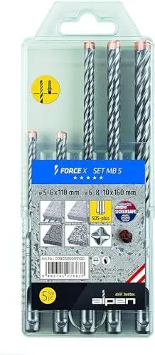 Produktbild: Alpen SDS-plus Hammerbohrerset FORCE X MB 5 mit Kunststoffbox (5-tlg, 4 Schneiden, Ø 5.0 - 10.0mm) 0080500005100