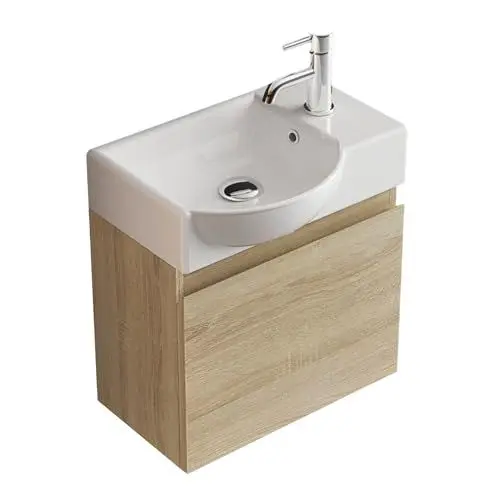 Produktbild: Alpenberger Waschtisch mit Unterschrank | Gäste WC Waschbecken Klein 45 cm Breit | Aufsatzwaschbecken mit Waschbeckenunterschrank | Badmöbel Hängeschrank | Waschtischunterschrank Eiche Hell