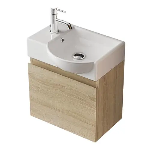 Produktbild: Alpenberger Waschtisch mit Unterschrank | Gäste WC Waschbecken Klein 45 cm Breit | Keramik Aufsatzwaschbecken Waschbeckenunterschrank | Badmöbel Set Hängend | Waschtischunterschrank Eiche Hell