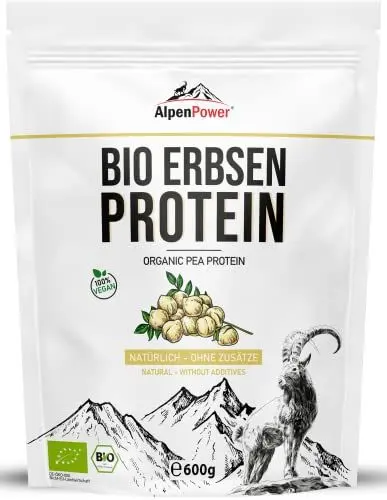 Produktbild: AlpenPower BIO ERBSENPROTEIN 600 g - 100% reines Erbsenprotein-Isolat - Ohne Zusatzstoffe & Vegan - Hochwertiges Eiweiß-Pulver mit 85% Protein