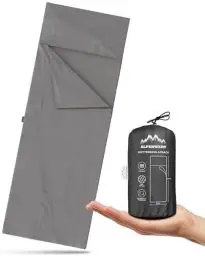 Produktbild: ALPENWERT Hüttenschlafsack Ultraleicht (Federleicht 290g) Sommerschlafsack Reisebettwäsche kleines Packmaß Inlett Reisedecke inkl. Kissenfach - 220cm x 80cm