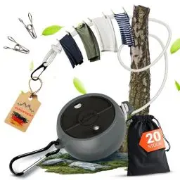 Produktbild: ALPENWERT® ROBUSTE Wäscheleine ausziehbar (10m Reise- & Camping Wäscheleine) inkl. 20 Edelstahl Klammern - für Wohnmobil, Vanlife & Backpacking