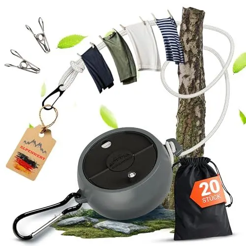 Produktbild: ALPENWERT® ROBUSTE Wäscheleine ausziehbar (10m Reise- & Camping Wäscheleine) inkl. 20 Edelstahl Klammern - für Wohnmobil, Vanlife & Backpacking