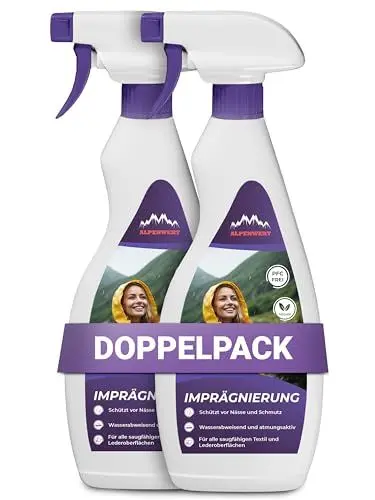 Produktbild: ALPENWERT® Textil Imprägnierspray 1000ml (LANGZEIT-ABPERL-SCHUTZ) Made in Germany für Textilien Outdoor, Schuhe, Skibekleidung, Zelte uvm. Outdoor (2x500ml)