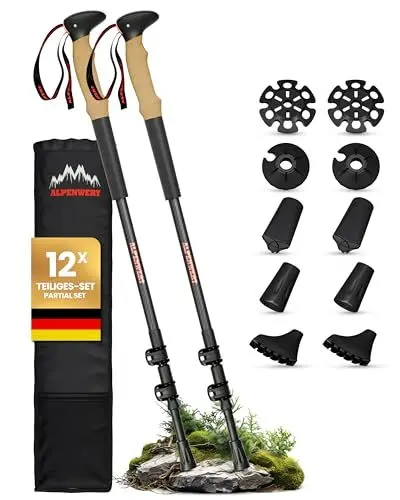 Produktbild: ALPENWERT Wanderstöcke (Carbon & Aluminium) Walking Stöcke für Damen und Herren - Teleskop Trekkingstöcke mit Korkgriff zum Wandern, Nordic Walking und Skitouren (Carbon)