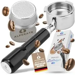 Produktbild: ALPERATE® Bodenloser Siebträger 51mm - Kompatibel mit Delonghi Dedica EC680 / EC685-51mm Filterhalter aus Edelstahl mit Kaffee Puck Sieb und Filterkorb (klein und groß) und Gebrauchsanleitung