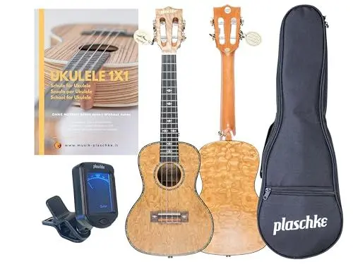 Produktbild: ANIMA Tigaria Premium Ukulele aus Tigerholz inkl. Tasche & Ukulele Buch, exklusiver Klang und edles Design