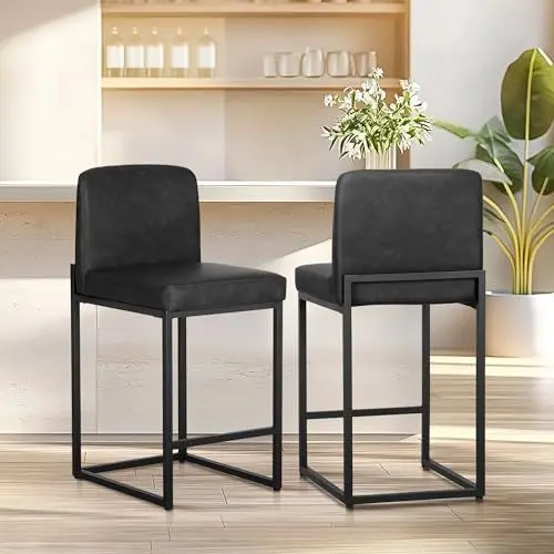 Produktbild: ALPHA HOME Barhocker 2er Set Barhocker mit Lehne Pu-Leder Küchenhocker Barstuhl 2er Set mit Fußstütze für Küchentheke Stabiler Metallstahlrahmen, Schwarz