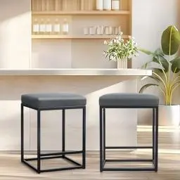 Produktbild: ALPHA HOME Barhocker 2er Set mit Fußstütze Barstuhl Grau ohne Lehne Barhocker Pu-Leder Sitzhöhe 61cm Barstühle Rückenfreier Sitzhocker mit dickem Kissen und robustem verchromtem Metallgestell