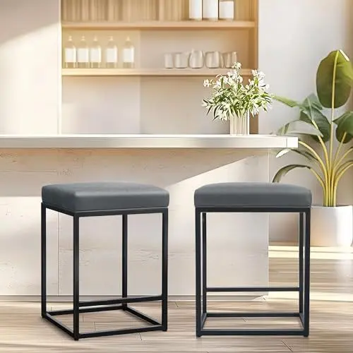 Produktbild: ALPHA HOME Barhocker 2er Set mit Fußstütze Barstuhl Grau ohne Lehne Barhocker Pu-Leder Sitzhöhe 61cm Barstühle Rückenfreier Sitzhocker mit dickem Kissen und robustem verchromtem Metallgestell