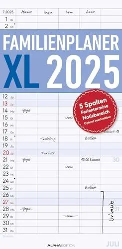 Produktbild: Alpha Edition - Familienplaner XL 2025 Familienkalender, 22x45cm, Kalender mit 5 Spalten, viel Platz für Notizen, Offset-Papier, deutsches Kalendarium und Ferientermine DE/AT/CH
