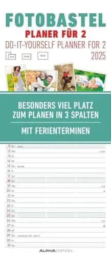 Produktbild: Alpha Edition - Foto-Bastelplaner für 2 2025 Bastelkalender, 19,5x45cm, Do it yourself Kalendar mit 3 Spalten für Termine, mit Ferienterminen DE/AT/CH, Mondphasen und deutchem Kalendarium