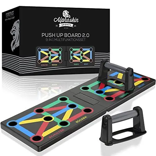 Produktbild: ALPHASKIN Premium Liegestützbrett Set I Verbessertes Konzept 2023 I Liegestützgriffe Homeworkout I 9 in 1 Push Up Bar I Homegym I Fitnessgeräte für Zuhause