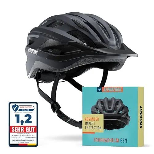 Produktbild: Alphatrail Fahrradhelm Ben - Sicher, Komfortabel & Leicht - Größe 55-61cm Schwarz - Allround, MTB, Trekking, City & E-Bike - Atmungsaktiver Fahrrad Helm Damen & Herren mit Insektenschutz, Kinnpolster